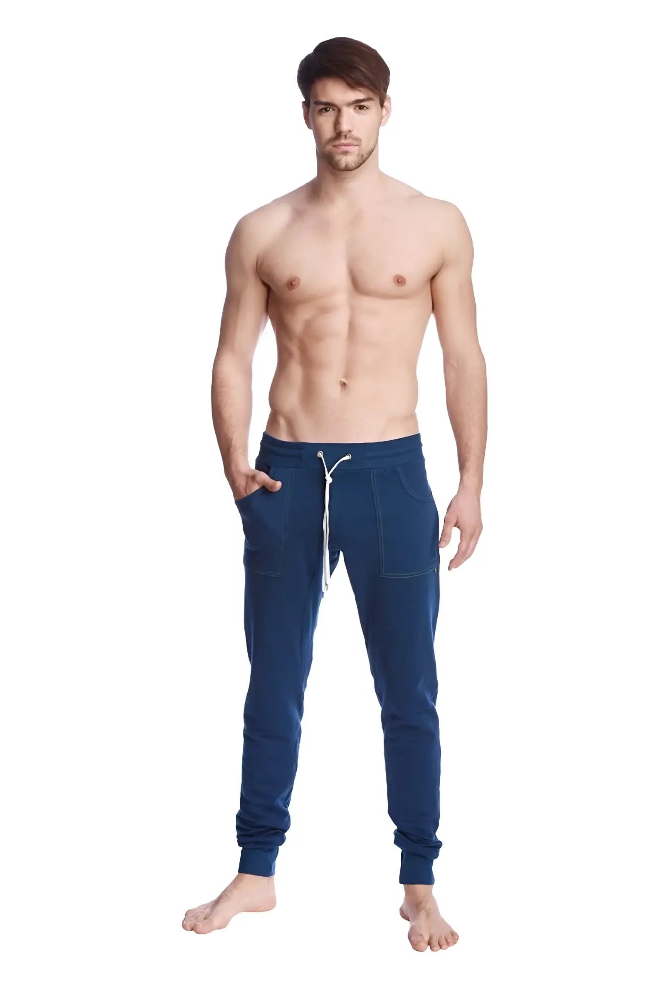 Long cuffed jogger and yoga sweat pants in navy blue with white drawstring and side pockets for casual wear