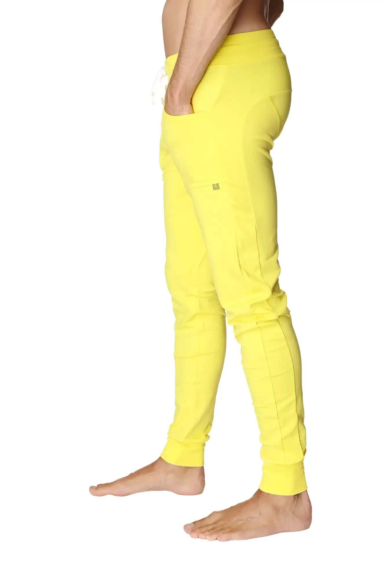 Long cuffed jogger and yoga sweat pants in tropic yellow with drawstring waist and subtle side pockets for comfort