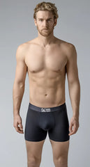 Black menâs long trunks boxer briefs with a dark gray waistband and subtle white logo for comfortable support