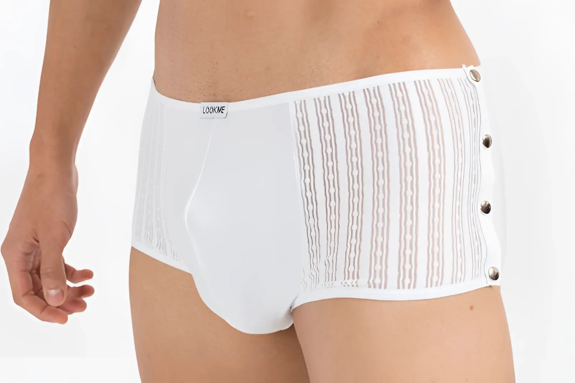 White lookme agent double 1 mini pants boxer briefs with sheer striped side panel and silver button closures size m