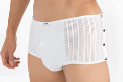 White lookme agent double 1 mini pants boxer briefs with sheer striped side panel and silver button closures size m