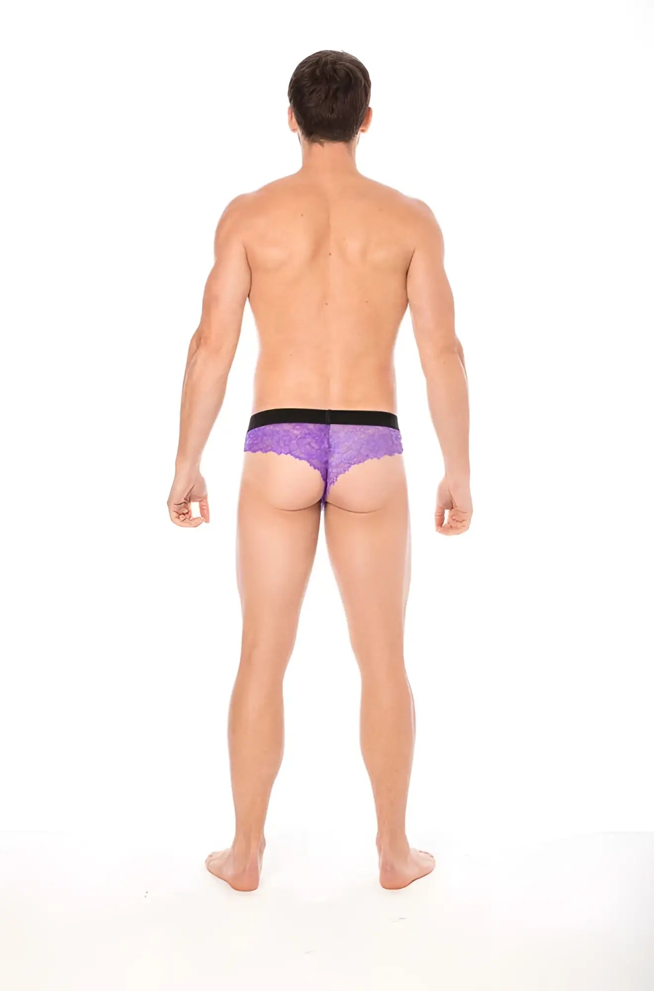 Lookme lace thong underwear purple lace briefs with black elastic waistband size L front side view