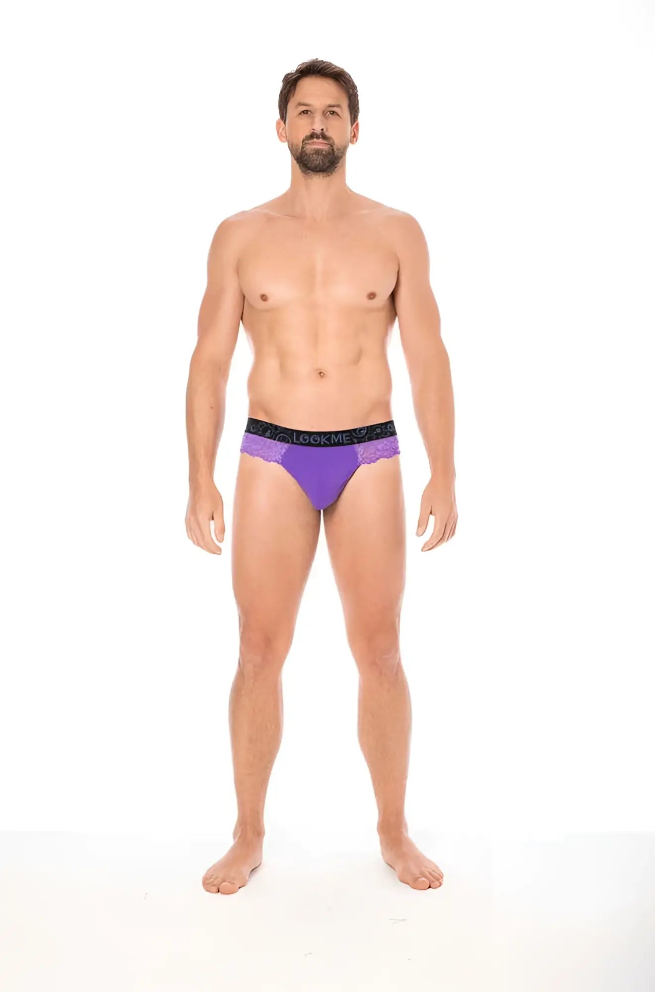 Purple lookme lace thong underwear with black elastic waistband and white logo in size large