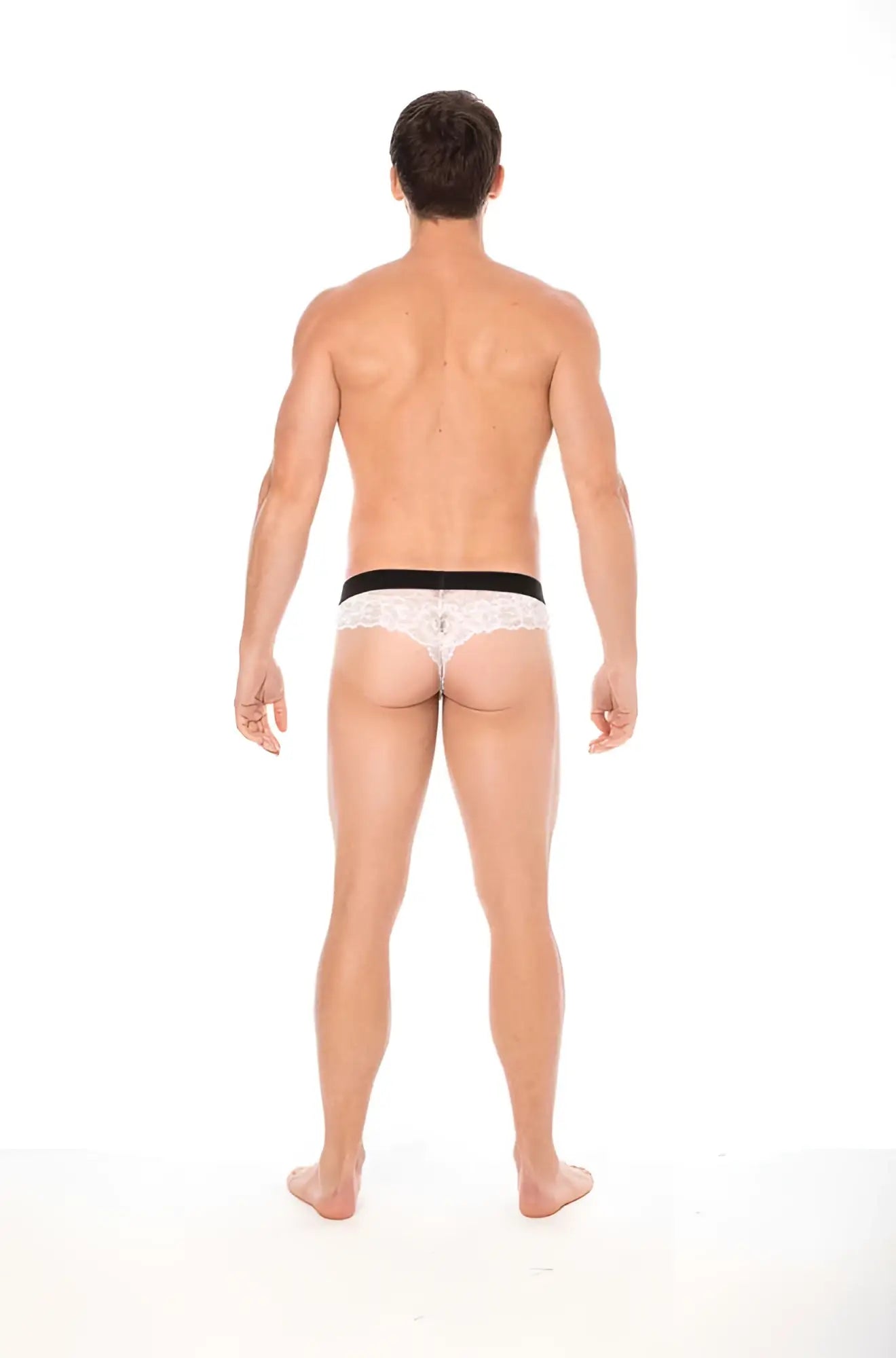 White lace thong underwear with black elastic waistband by Lookme in size L shown from the front side