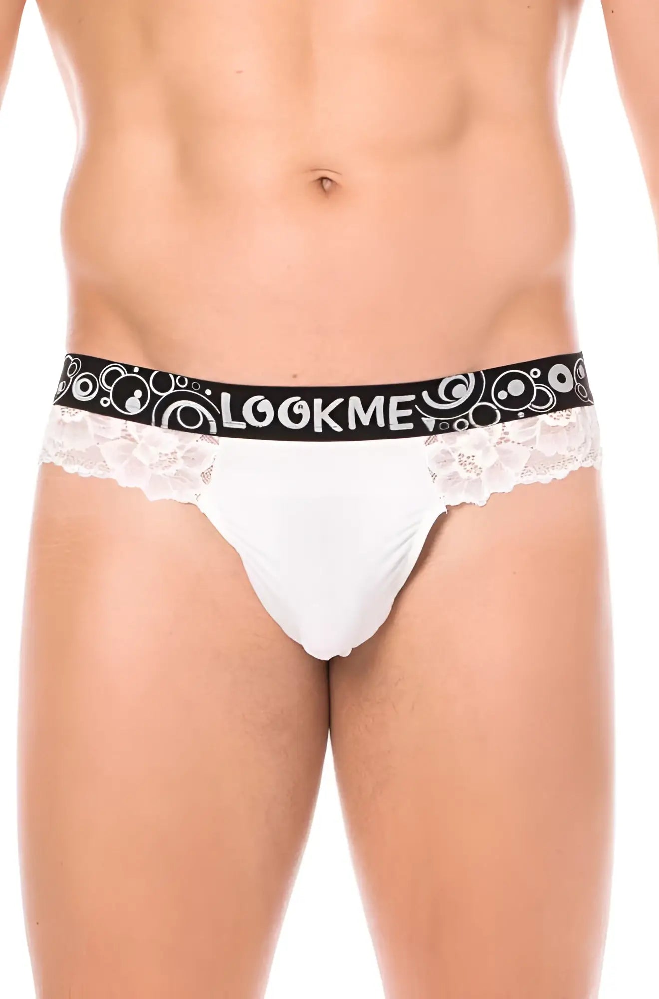 Lookme lace thong underwear white with lace trim and black elastic waistband featuring brand name and circular patterns