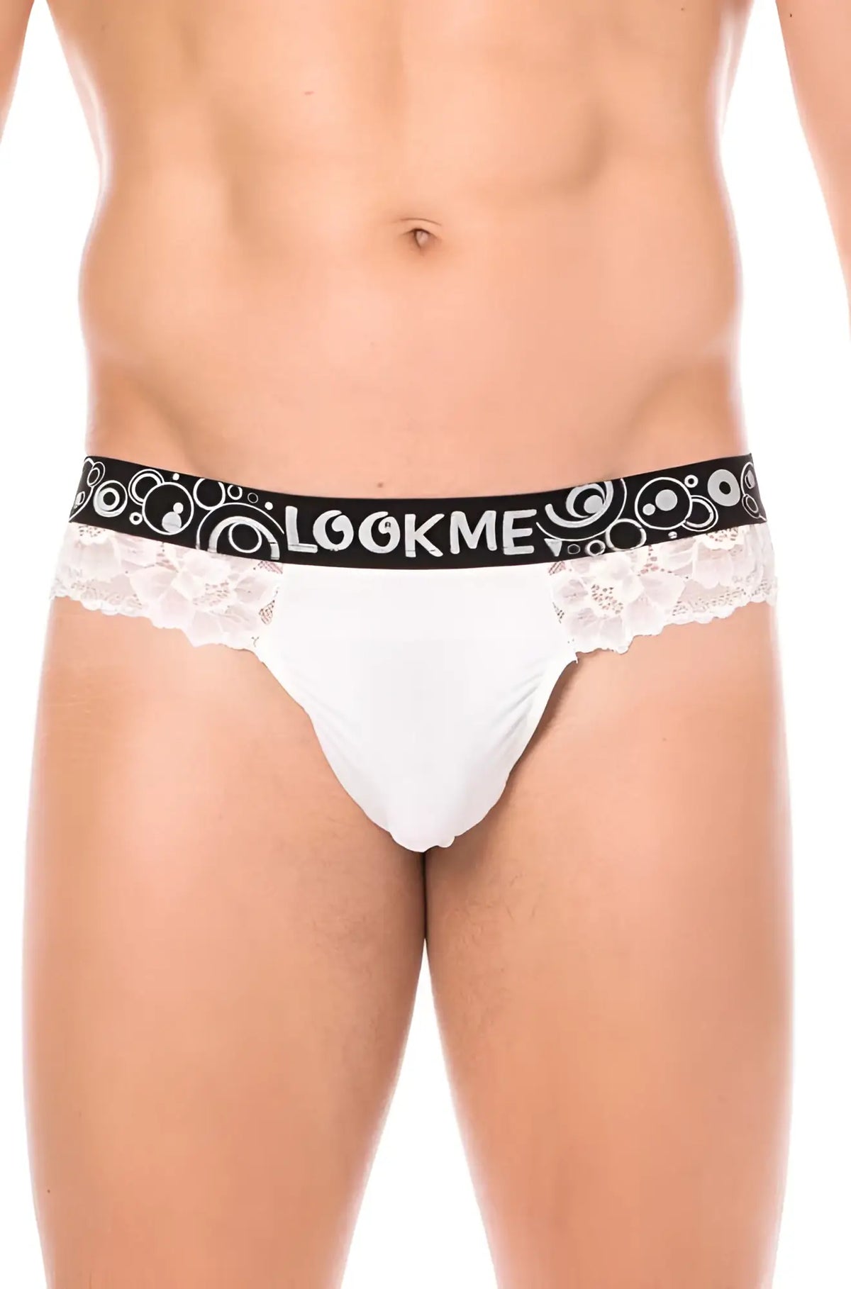 Lookme lace thong underwear white with lace trim and black elastic waistband featuring brand name and circular patterns
