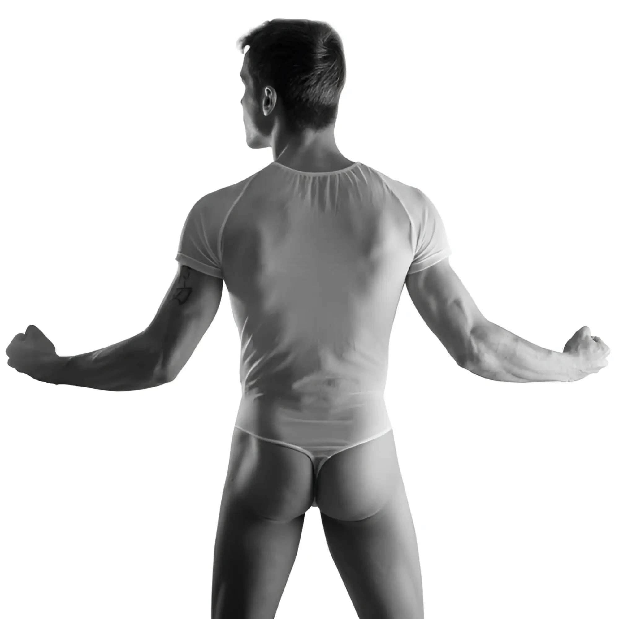 Black-and-white image of a man wearing a form-fitting yellow Lookme Malibu 2 sheer thong back bodysuit size L from front view