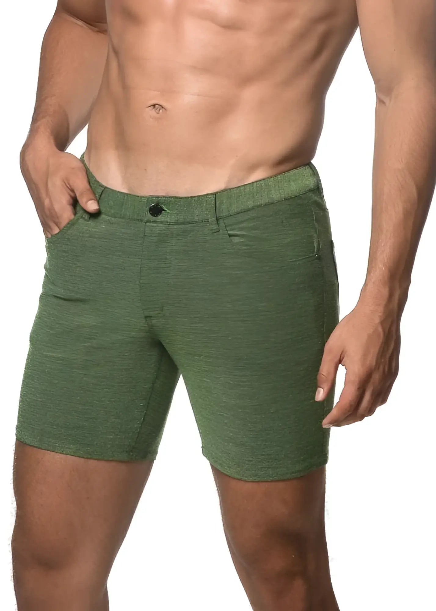 Loopback stretch knit short green textured shorts with button closure and side pockets for casual wear