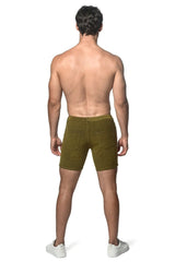 Olive green loopback stretch knit corduroy shorts with classic five-pocket design ideal for casual wear