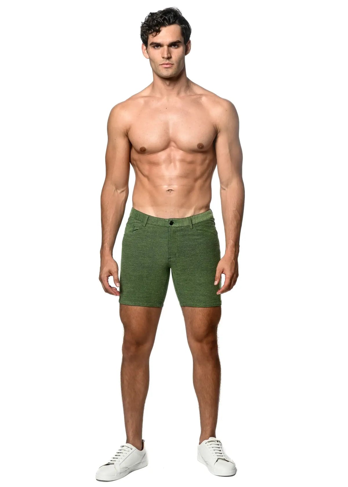 Olive green loopback stretch knit denim shorts with textured fabric for casual comfort and style