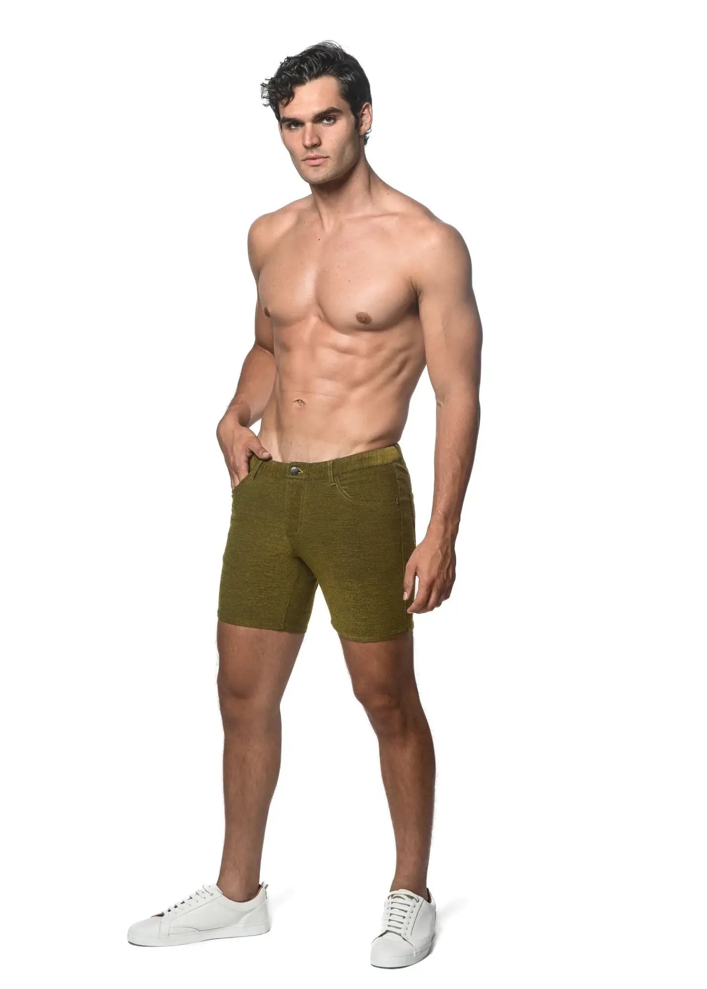 Olive green loopback stretch knit denim shorts with textured fabric ideal for casual wear