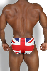 Lovesick briefs union jack swim trunks featuring red white and blue flag pattern for vibrant swimwear style
