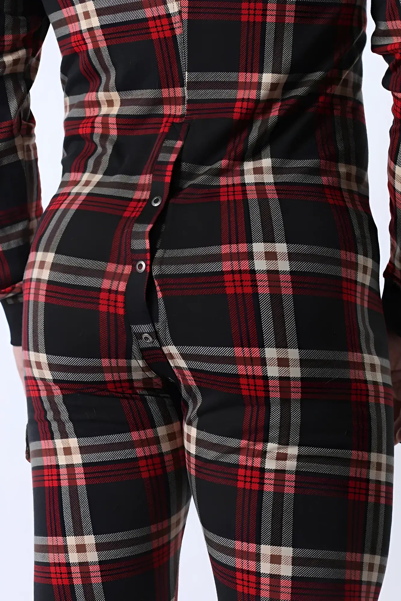 Lumber jacked union suit black red and cream plaid button-down pajama onesie for cozy loungewear