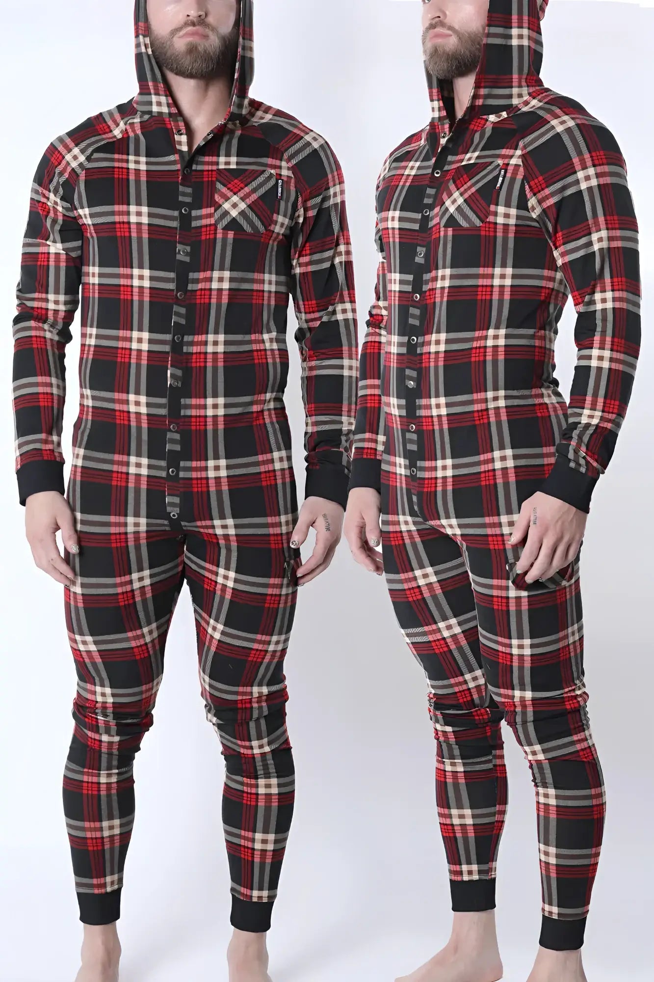 Red black and beige plaid hooded lumber jacked union suit onesie with button front closure for warm comfort