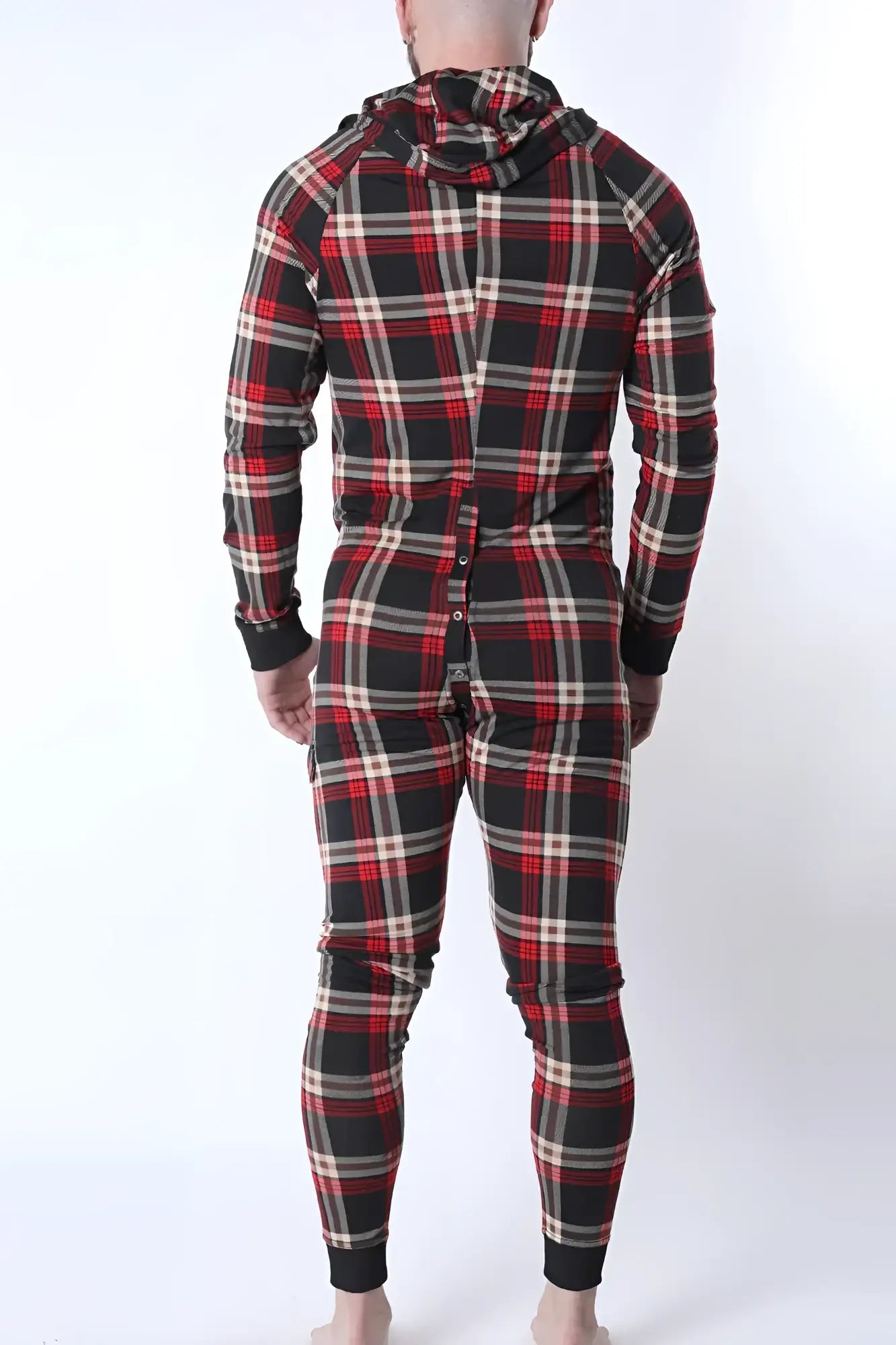 Red black and beige plaid hooded one-piece cotton pajama set called lumber jacked union suit for cozy loungewear