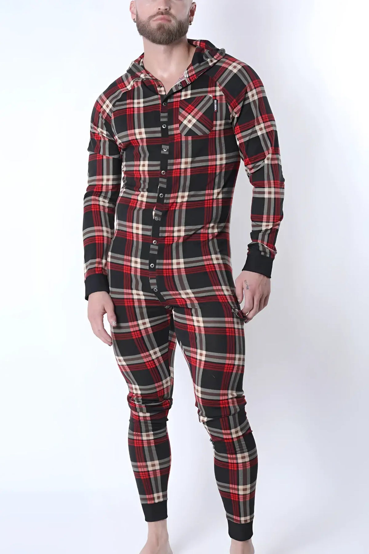Red black and beige plaid hooded one-piece pajama set with button-front design lumber jacked union suit