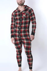 Red black and beige plaid hooded one-piece pajama set with button-front design lumber jacked union suit