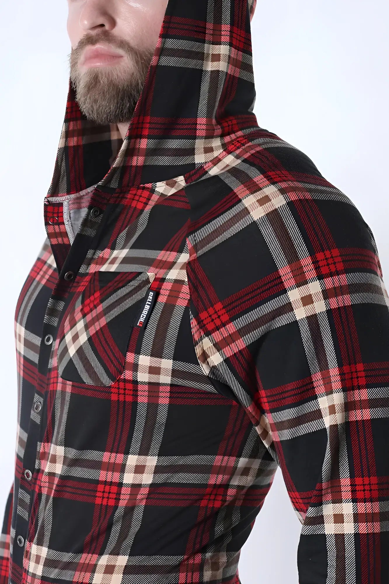 Red black and beige plaid hooded button-up lumber jacked union suit with branded patch on chest pocket