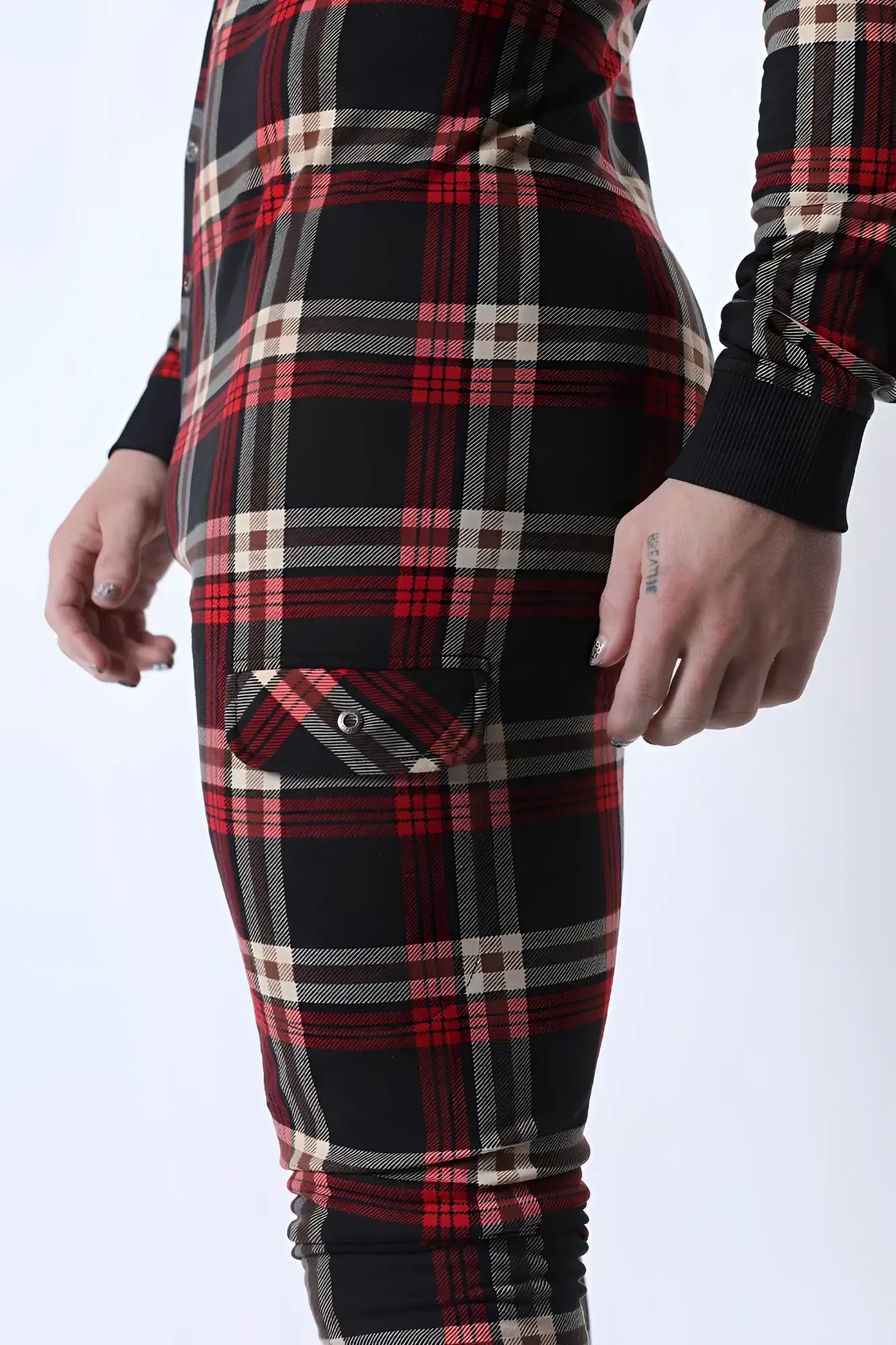 Lumber jacked union suit fitted plaid leggings in red black and beige with front button pocket closure