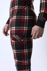 Lumber jacked union suit fitted plaid leggings in red black and beige with front button pocket closure