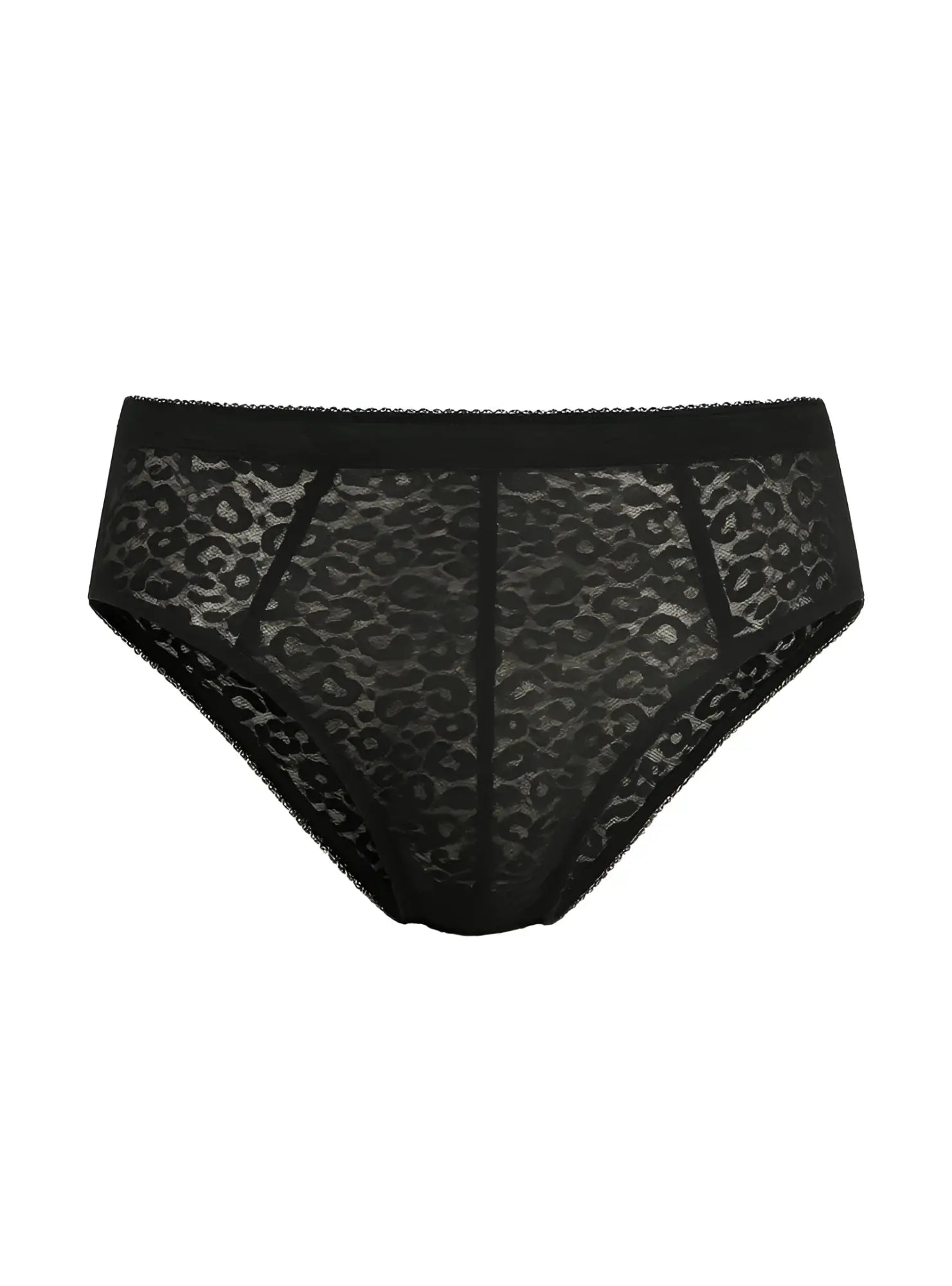 Black leopard-print lace briefs with solid black waistband luxury lace brief front view