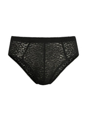 Black leopard-print lace briefs with solid black waistband luxury lace brief front view