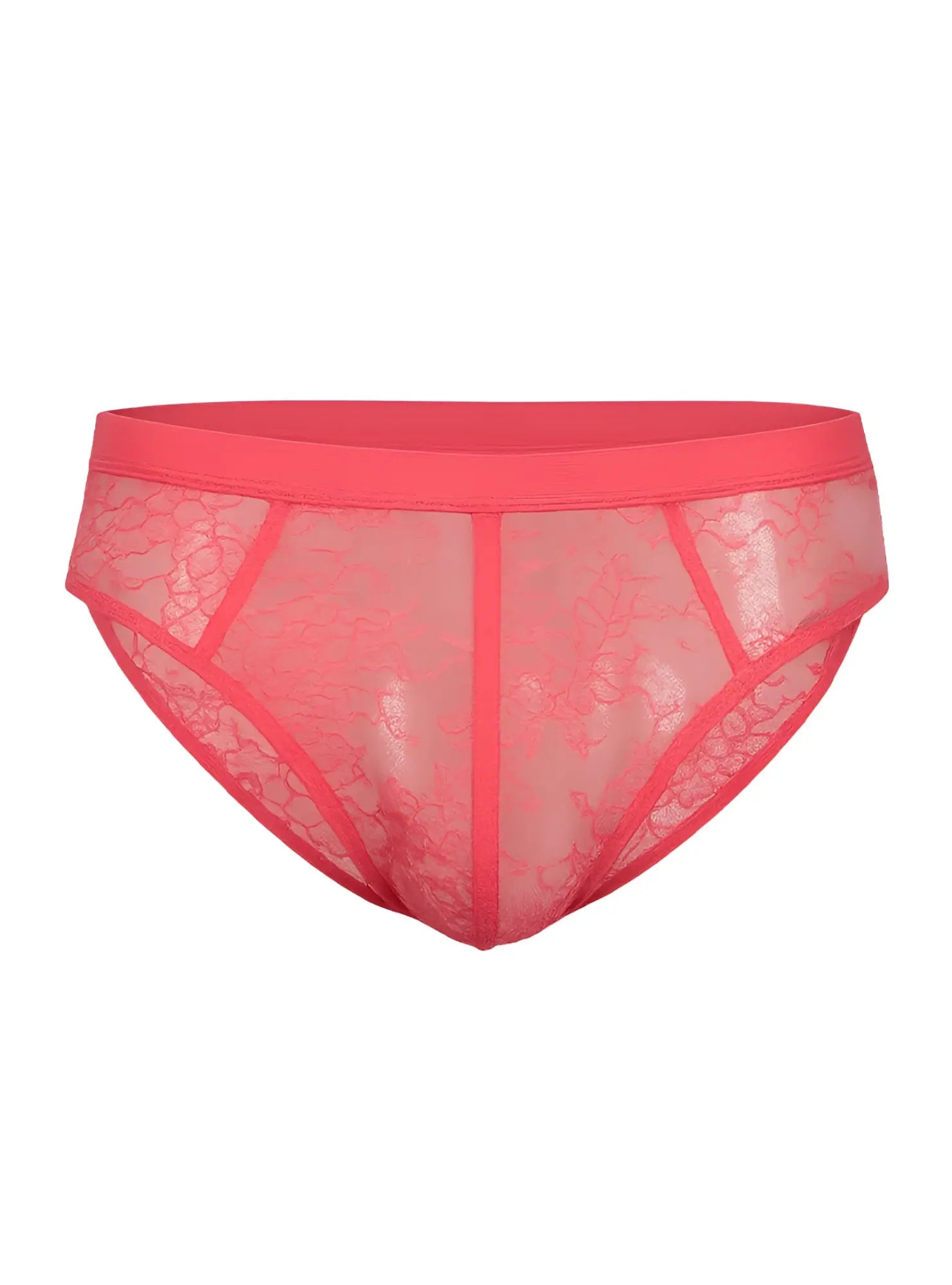 Coral pink luxury lace briefs with solid waistband and sheer patterned fabric for elegant comfort
