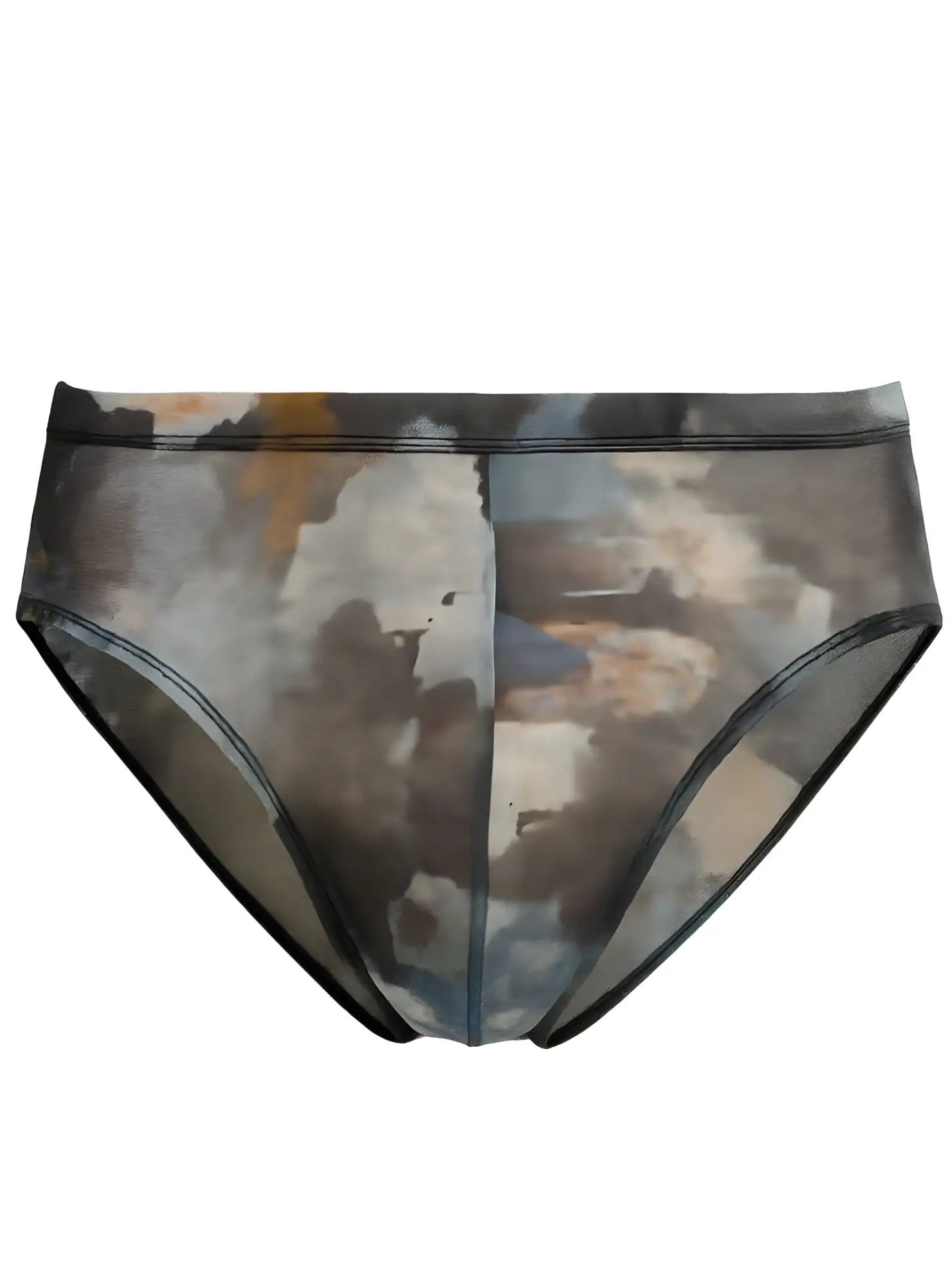 Luxury lace brief translucent mesh with abstract watercolor print in muted grays blues and earth tones with black trim
