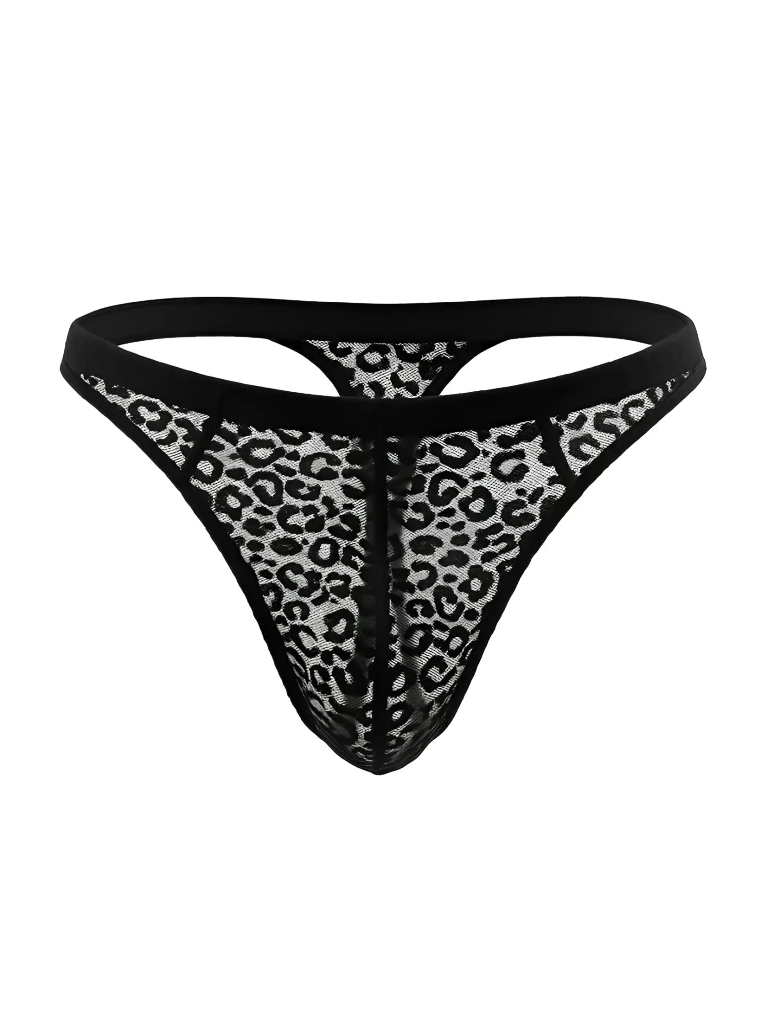 Black leopard-print luxury lace thong with sheer mesh texture and reinforced elastic waistband shown from the back