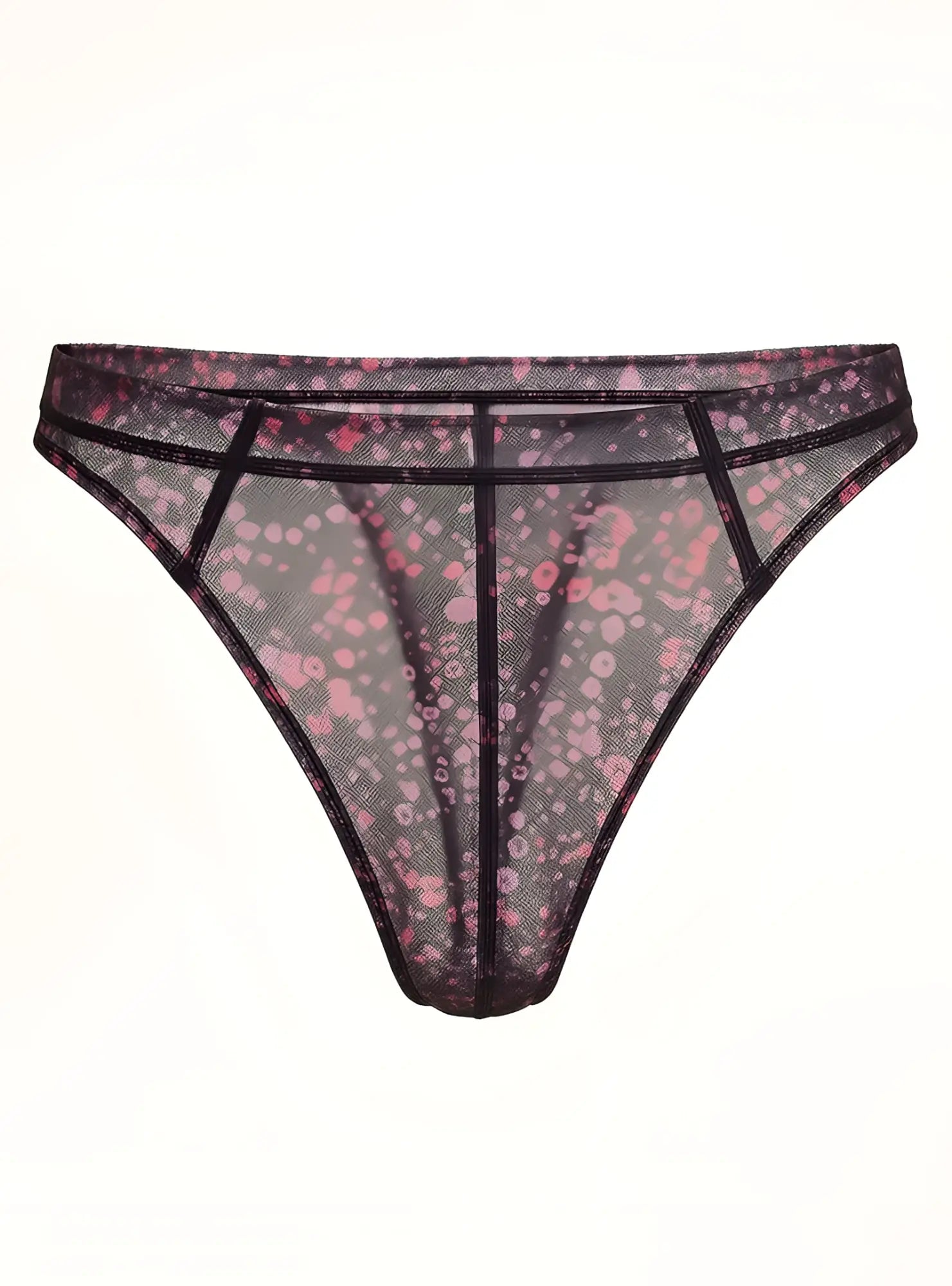 Black mesh luxury lace thong with pink floral pattern and reinforced black trim shown from back side