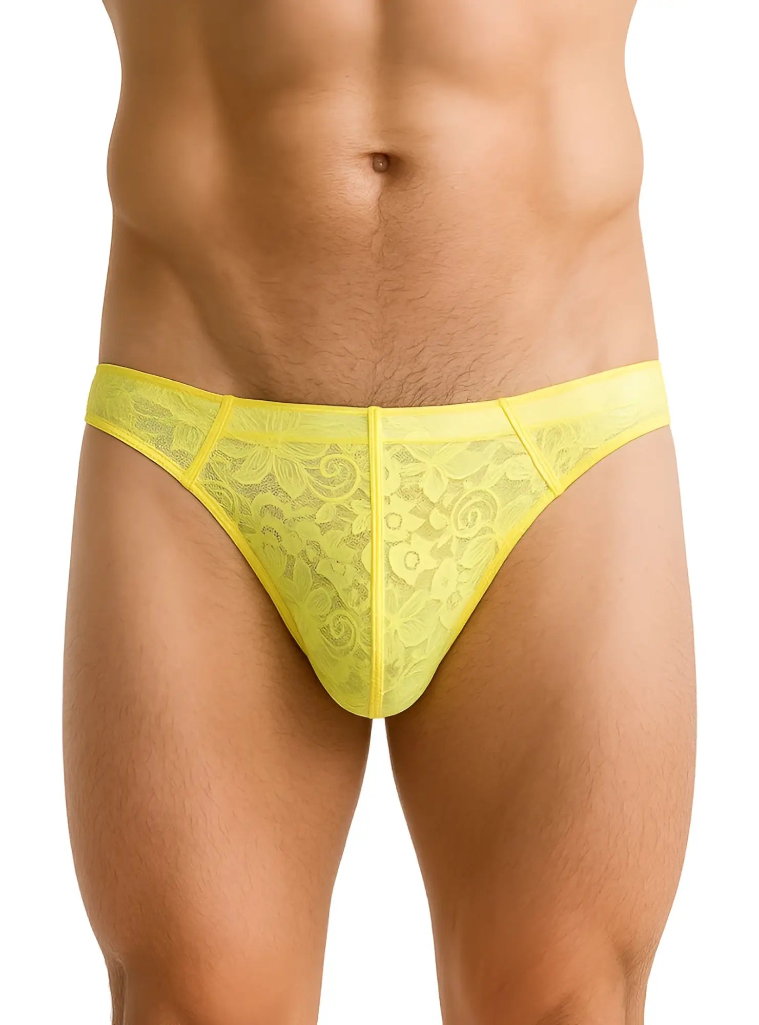 Bright yellow luxury lace thong featuring intricate floral patterns and sheer delicate fabric for elegant wear