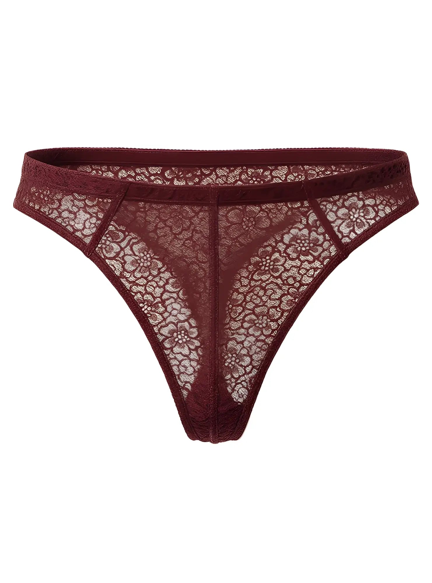 Luxury lace thong in maroon with delicate floral lace pattern and seamless construction for comfortable wear