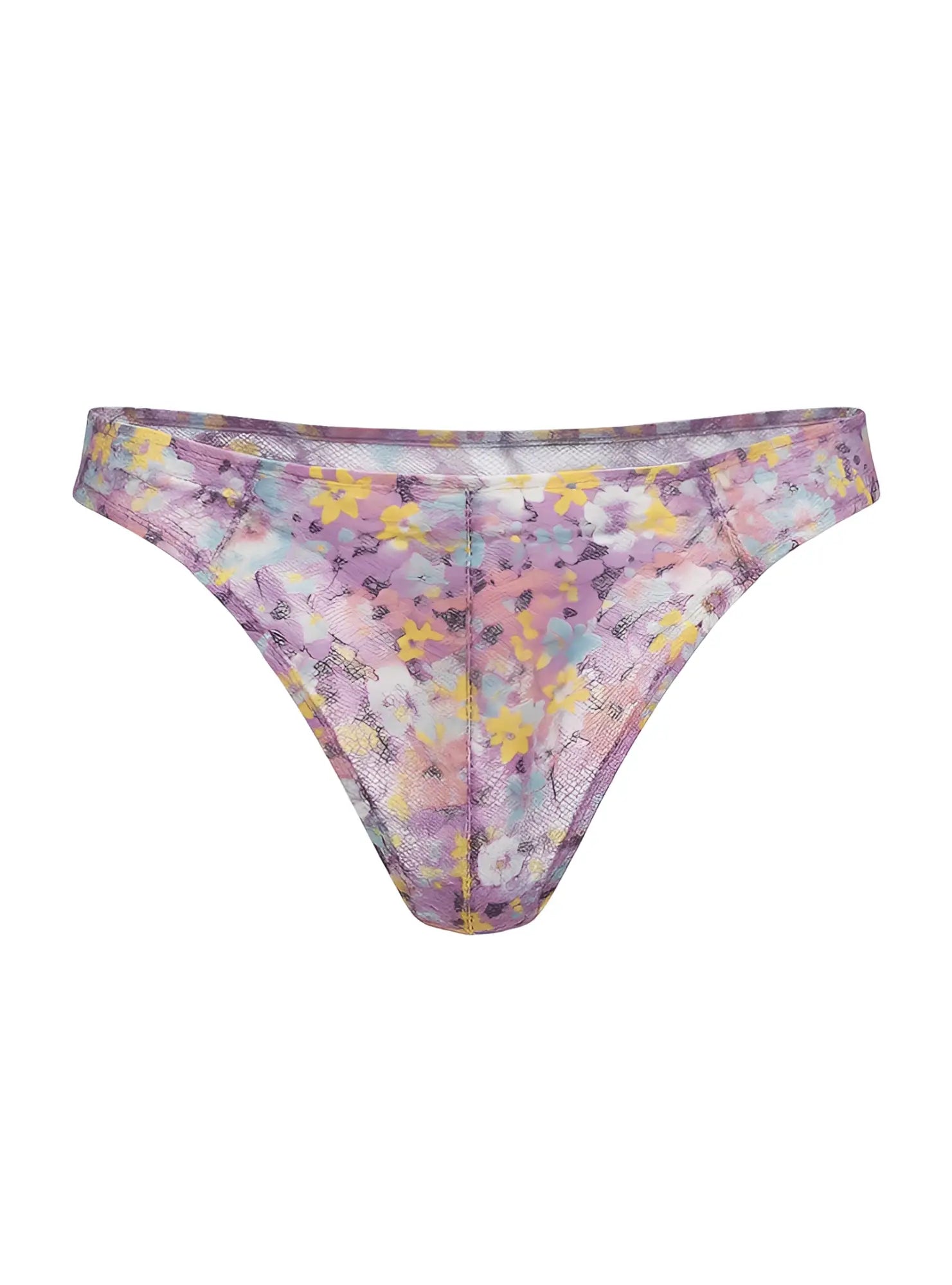 Luxury lace thong in sheer mesh fabric with pastel lavender and yellow floral pattern for elegant lingerie look