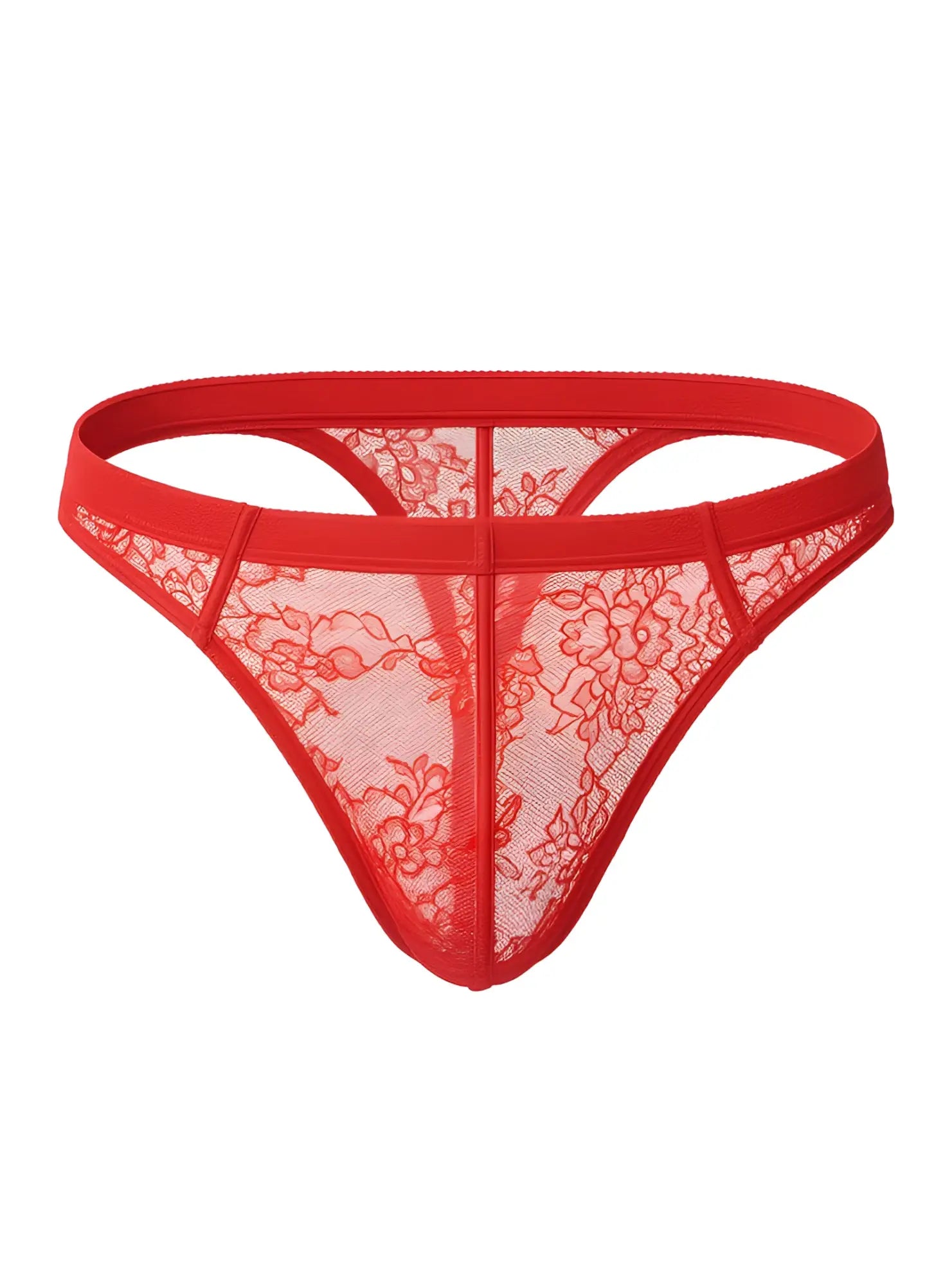 Luxury lace thong in red featuring a floral pattern lace thong with elastic waistband