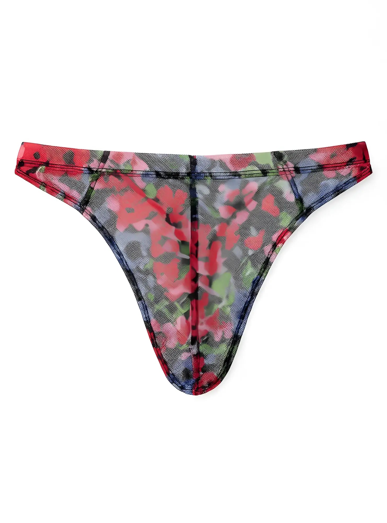 Luxury lace thong in red and green floral pattern with denim-like texture shown from the back side