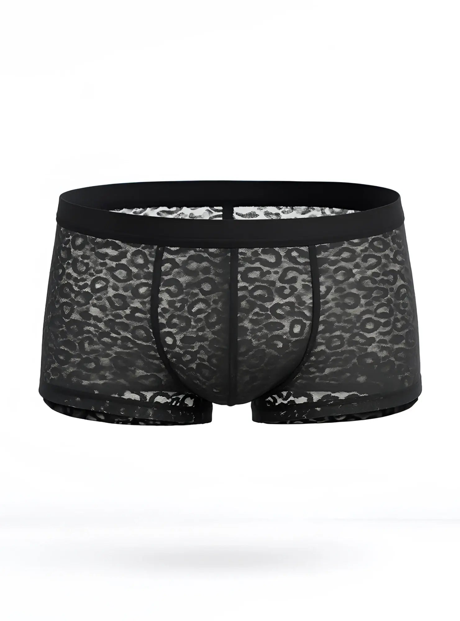 Black lace boxer briefs with subtle leopard print pattern from the luxury lace trunk collection
