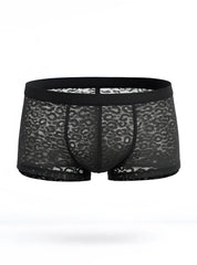 Black lace boxer briefs with subtle leopard print pattern from the luxury lace trunk collection