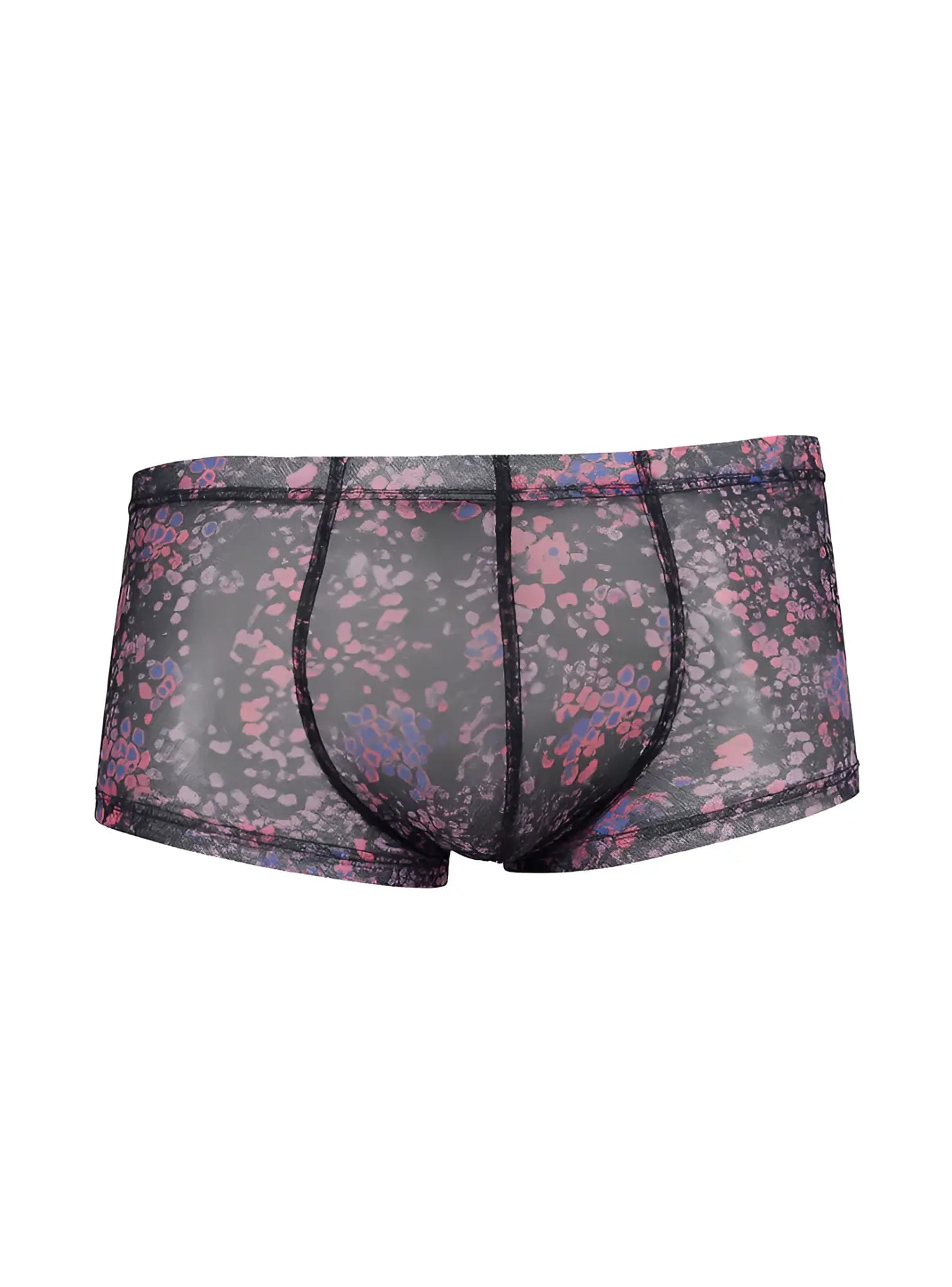 Luxury lace trunk black mesh briefs with delicate pink and purple floral pattern front view