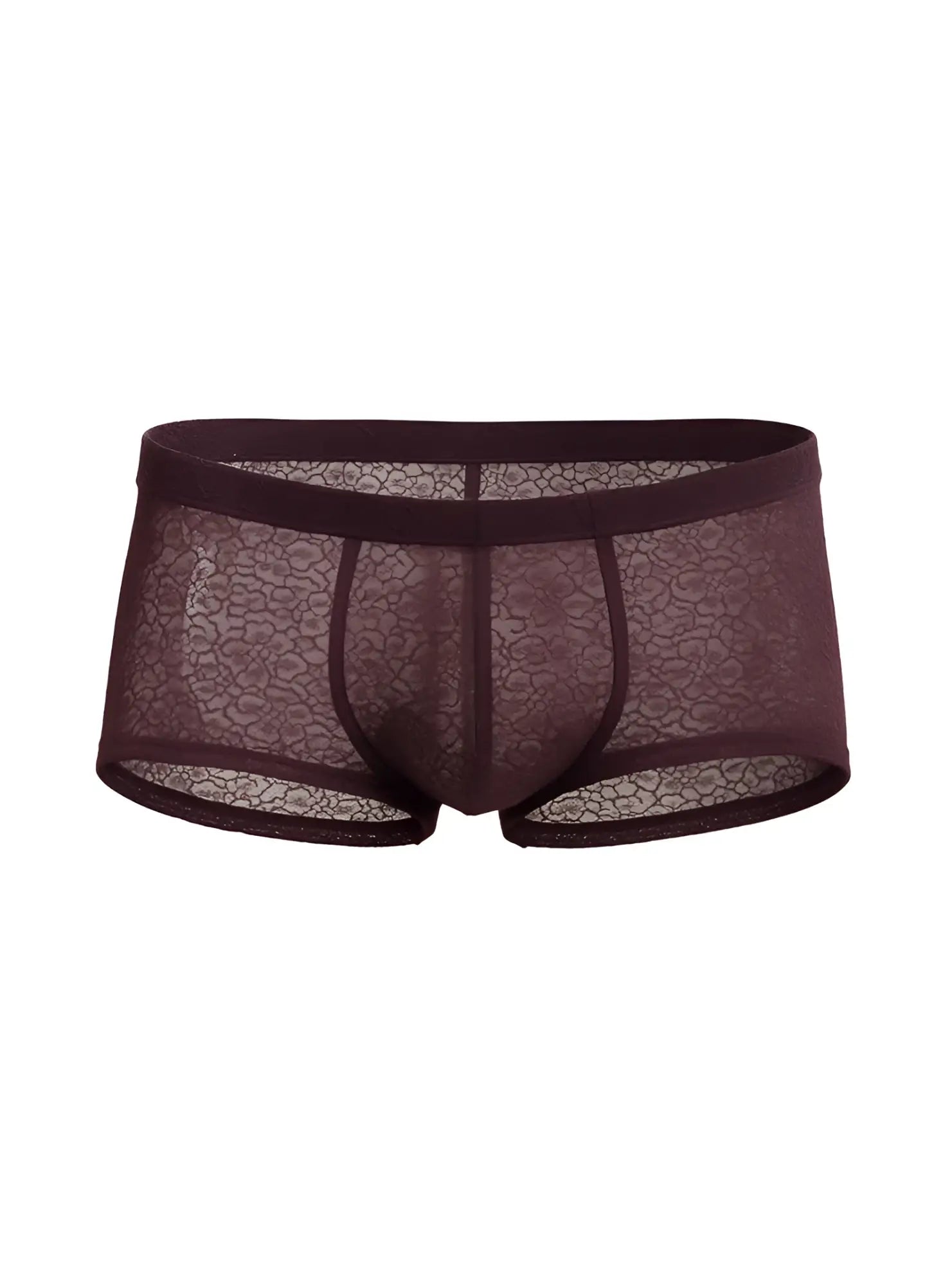 Luxury lace trunk dark burgundy men’s underwear with sheer floral lace mesh and solid elastic waistband