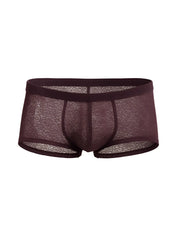 Luxury lace trunk dark burgundy men’s underwear with sheer floral lace mesh and solid elastic waistband