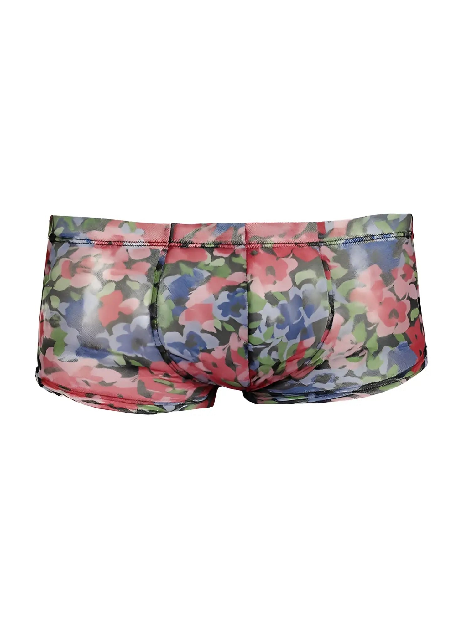 Luxury lace trunk men’s briefs with a glossy floral pattern in pink blue and green on a dark background