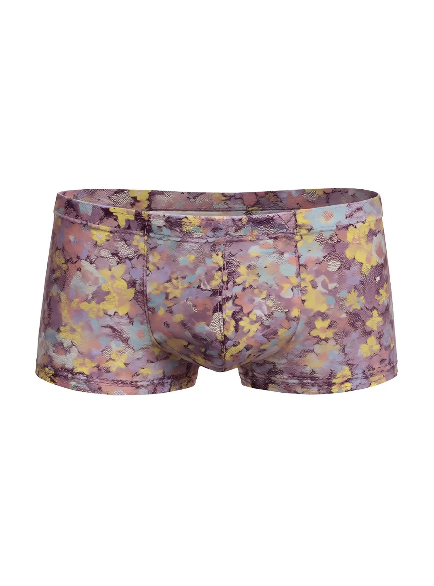 Purple and yellow floral patterned men’s briefs luxury lace trunk with soft stretchy fabric finish