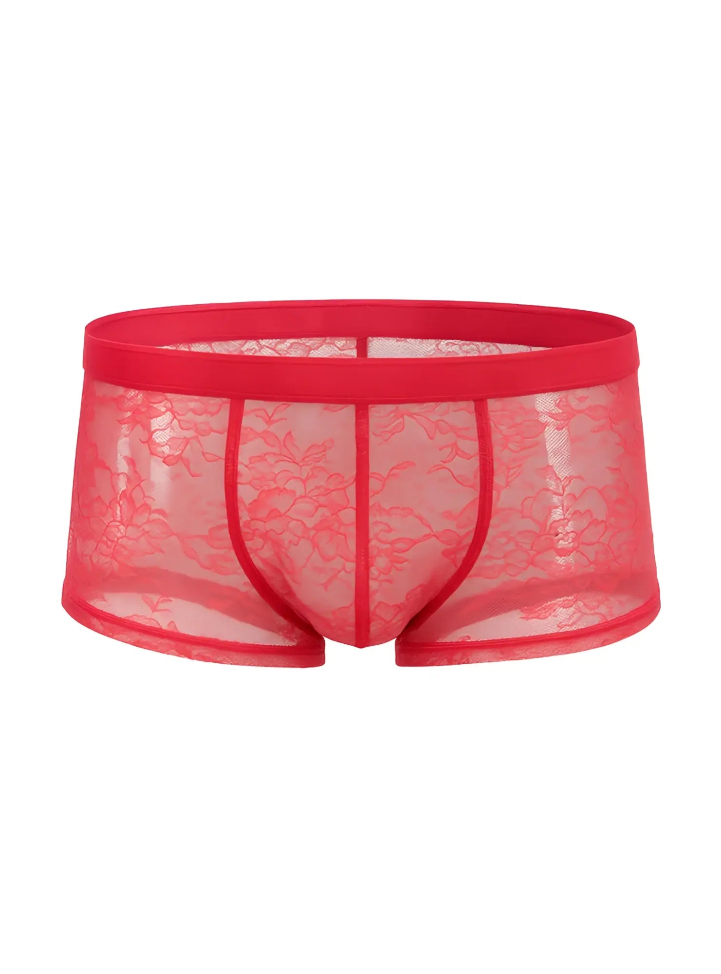 Red lace-trimmed men’s briefs with sheer floral pattern and solid waistband from luxury lace trunk collection
