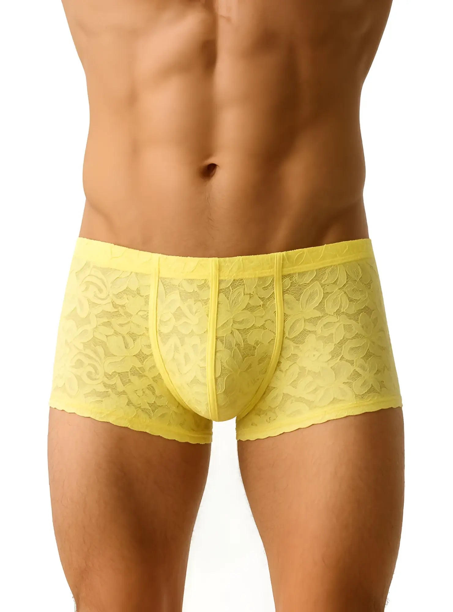 Yellow lace men’s briefs luxury lace trunk with floral pattern and elastic waistband