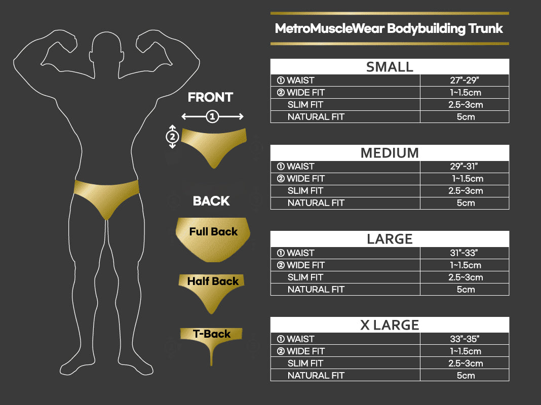 Gold-colored metromusclewear bodybuilding trunk with full back half back and t-back cut styles from MetroMaleWear
