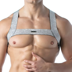 Silver glittery magic h harness with black trim and small top logo on front for stylish pet wear