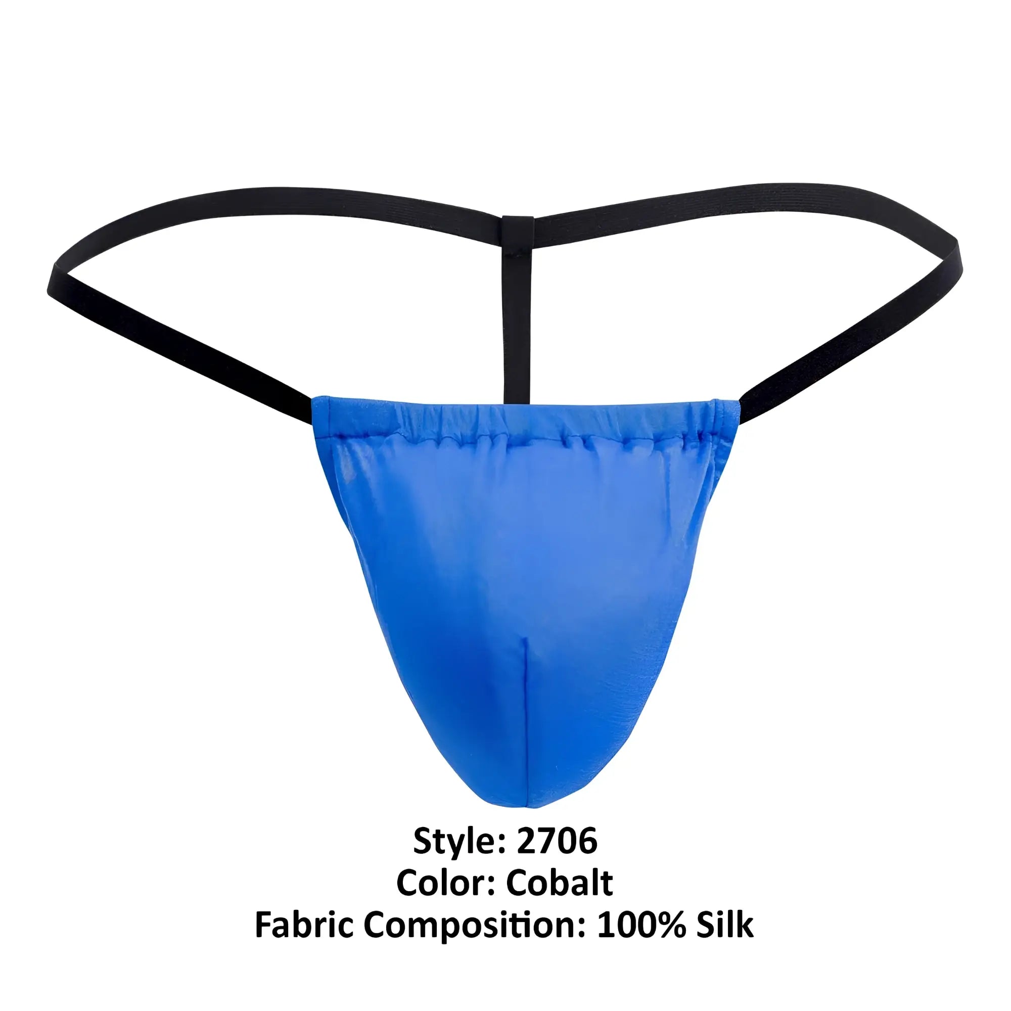 Magic silk 2706 cobalt blue silk thong with black elastic straps shown from the back side