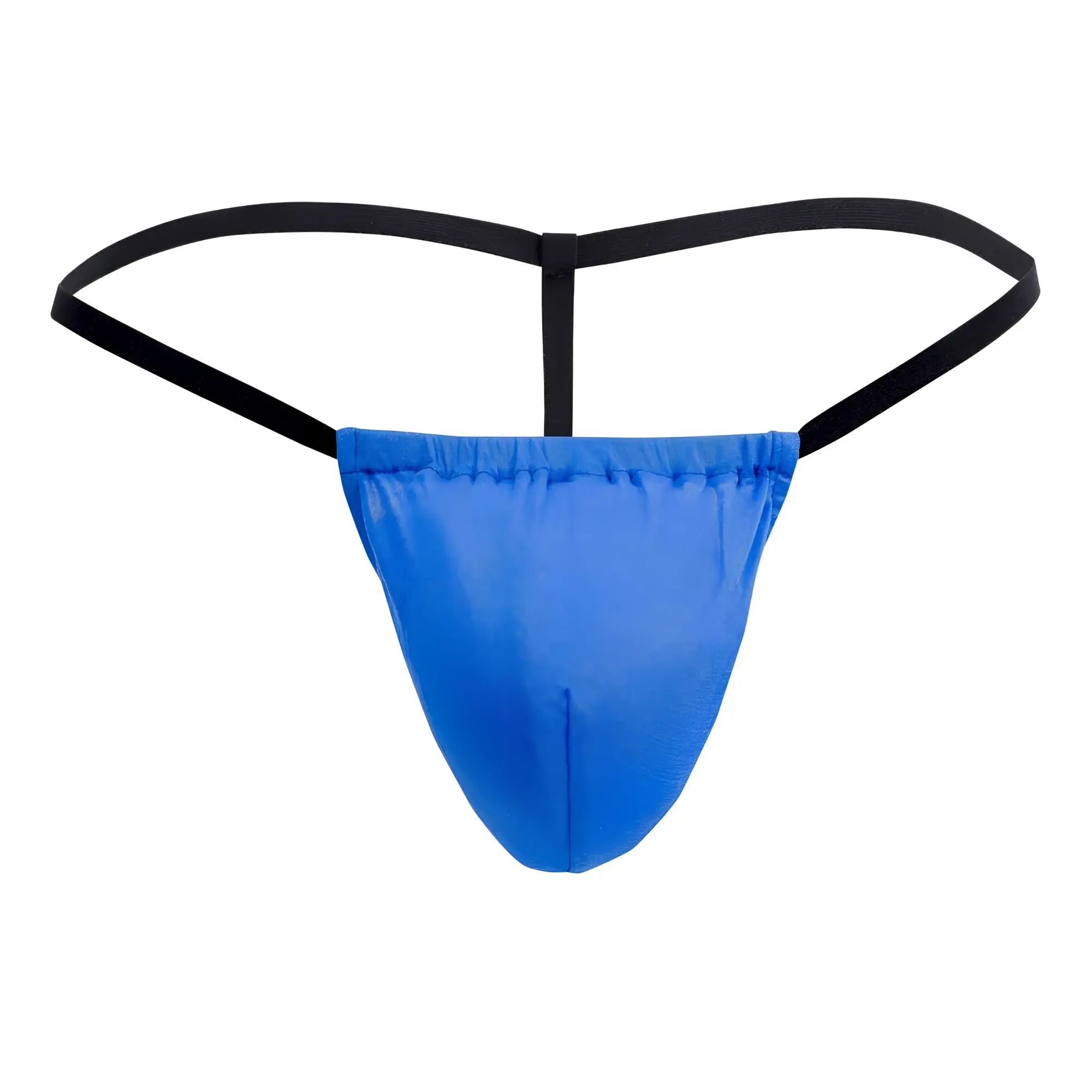Magic silk 2706 silk g-string in cobalt blue with shiny fabric and black elastic straps, front view