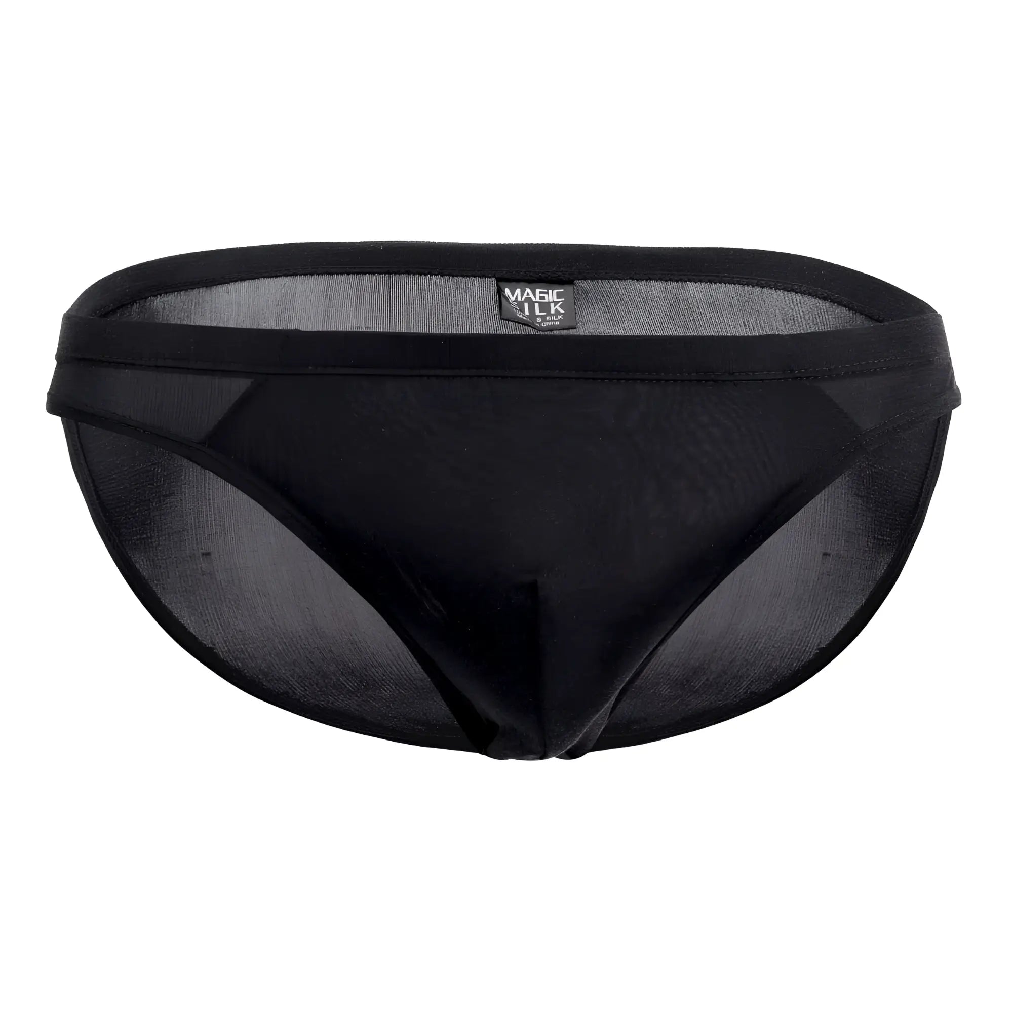Black mesh silk briefs with solid black waistband featuring magic silk brand label in black color