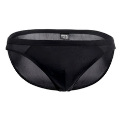 Black mesh silk briefs with solid black waistband featuring magic silk brand label in black color